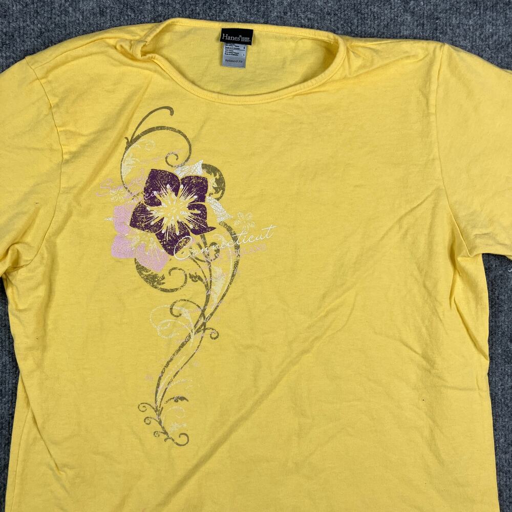 Hanes‎ T-Shirt Womens Size L Yellow Floral Graphic Relaxed Fit Casual Cotton Tee
